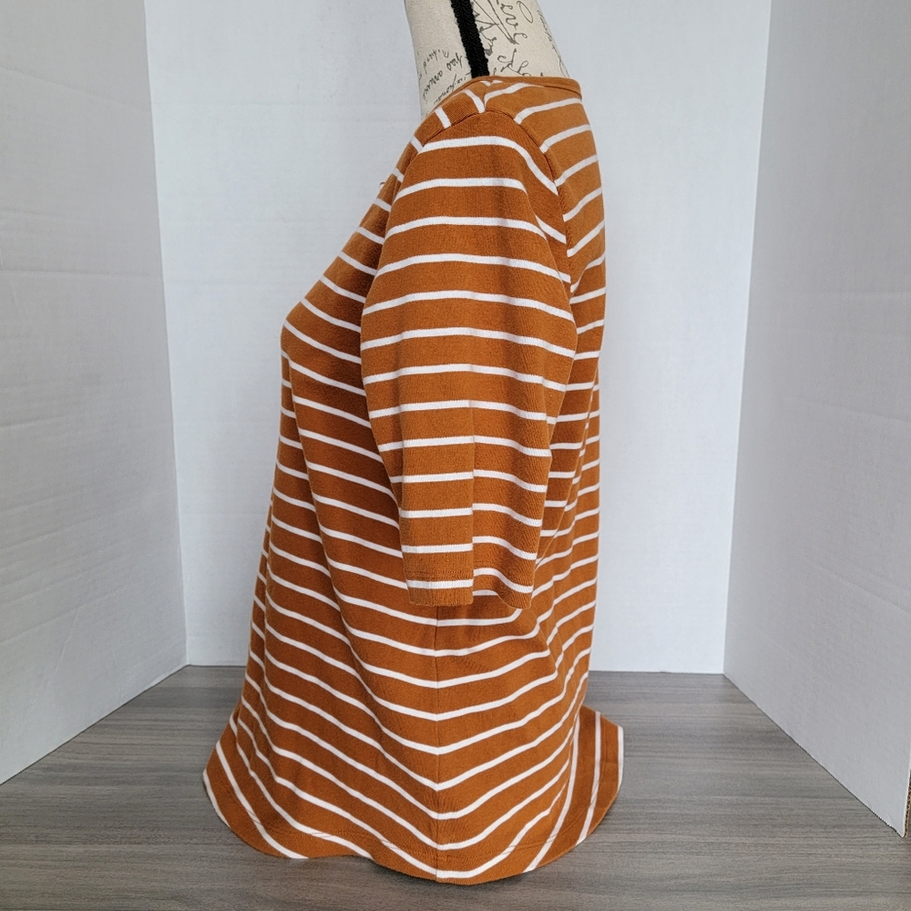 Lands' End Orange & White Striped Quarter Button Short Sleeve Cotton Top - Sz L - Picture 3 of 7